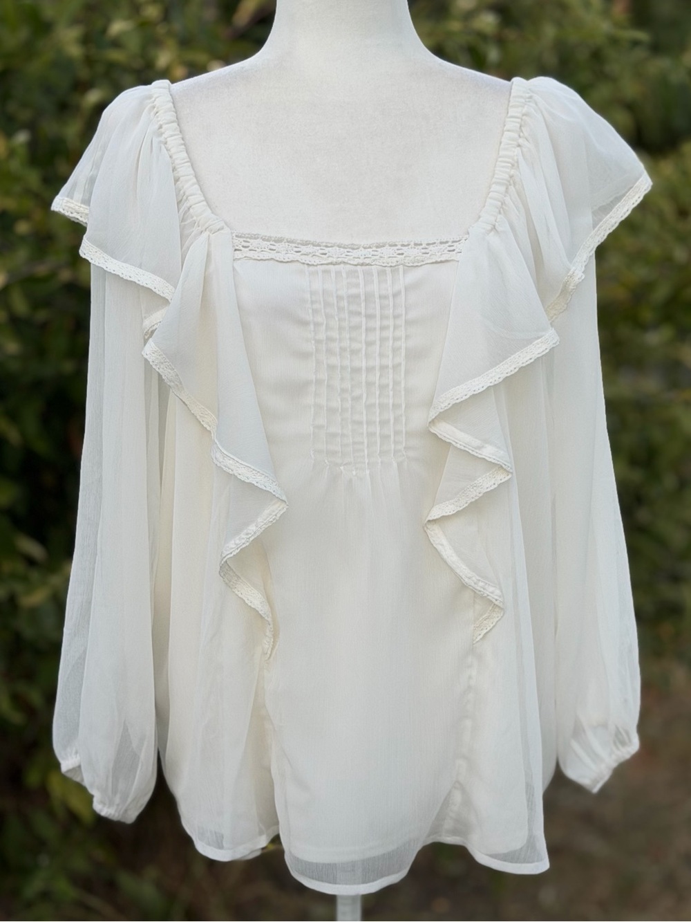 Madison Grey Ivory Pintuck Ruffle Chiffon Square Neck Long Sleeve Peasant Top 2X
